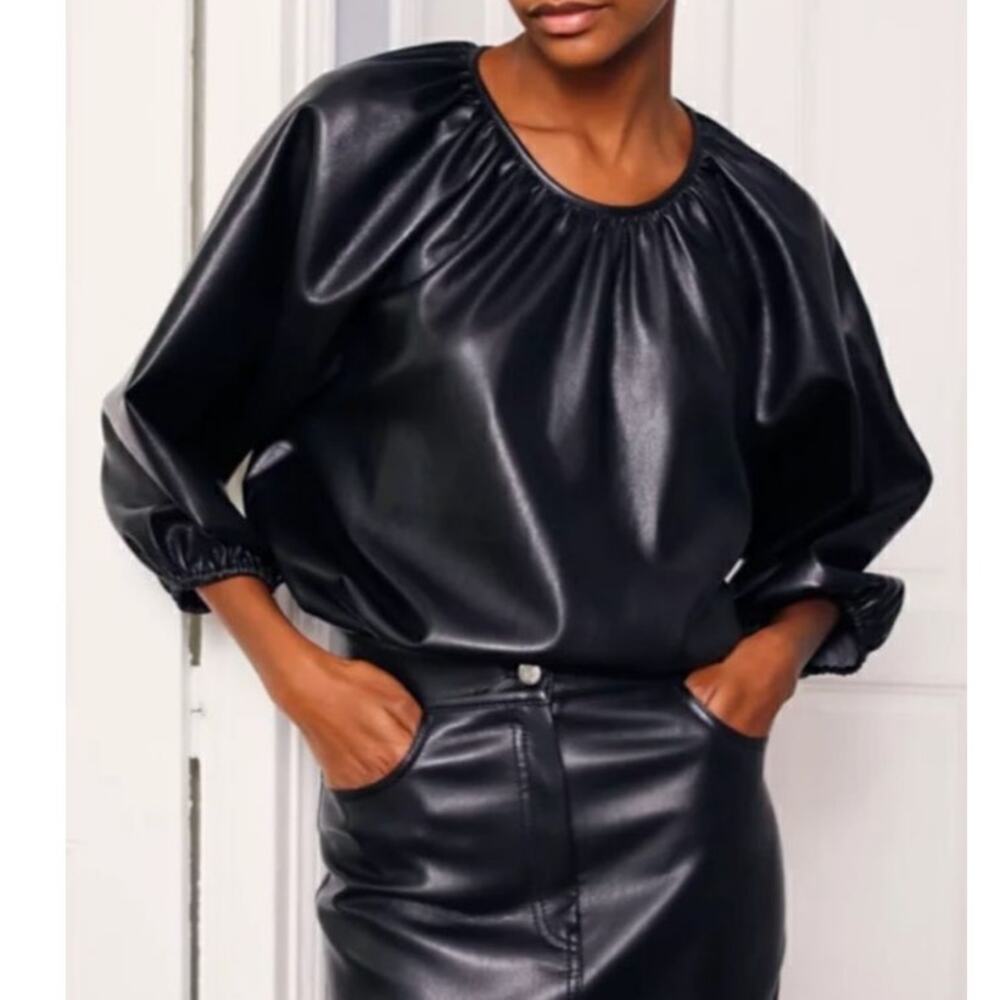 Aritzia Wilfred Sz M Bica Blouse Top Black Faux Leather Edgy Peasant Boho